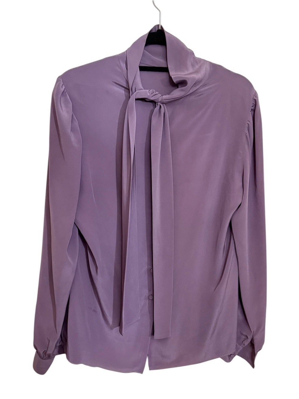 VTG St. John Liquid Silk Satin Tie Neck  Bow Blouse Top Purple Lavender